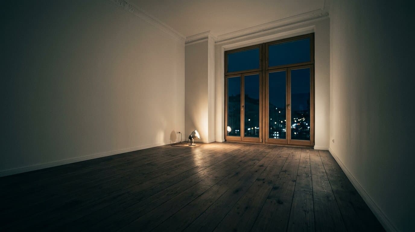 Fertig sanierter Raum bei Nacht, beleuchtet von einer einzelnen Arbeitsleuchte