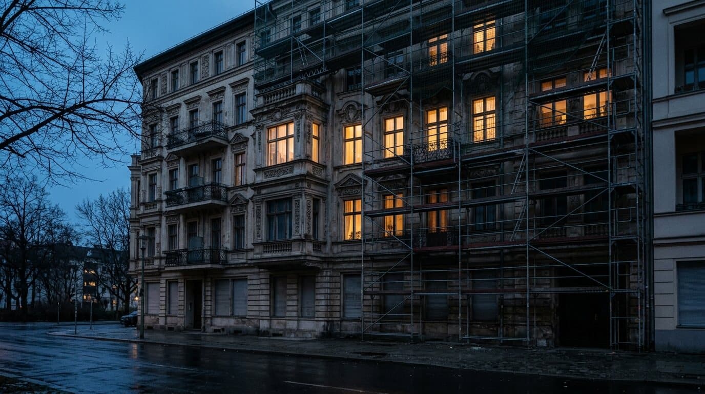 Berliner Altbaufassade mit Gerüst in der Abenddämmerung