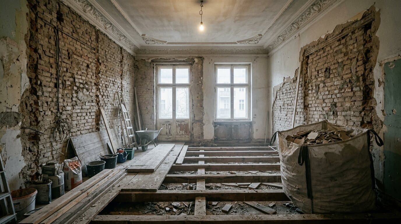 Entkernte Altbauwohnung während der Kernsanierung in Berlin