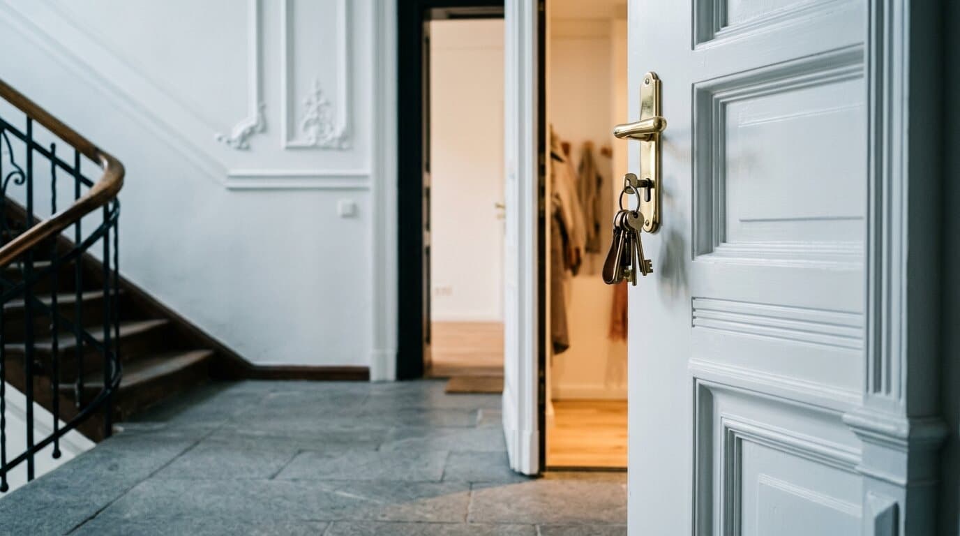 Frisch restaurierte Wohnungstür mit steckendem Schlüsselbund bei der Übergabe