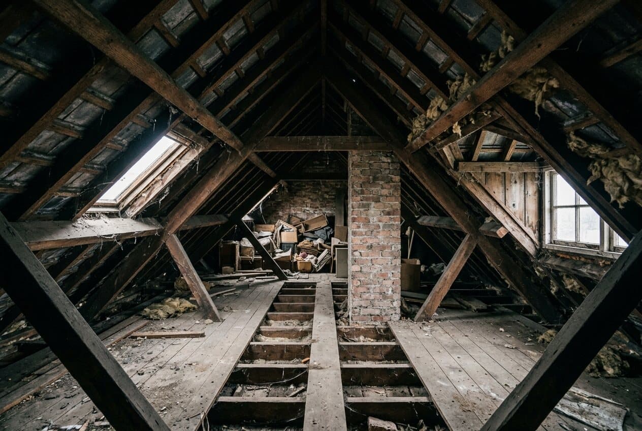 Unausgebauter Spitzboden mit offenem Dachstuhl und Ziegelschornstein